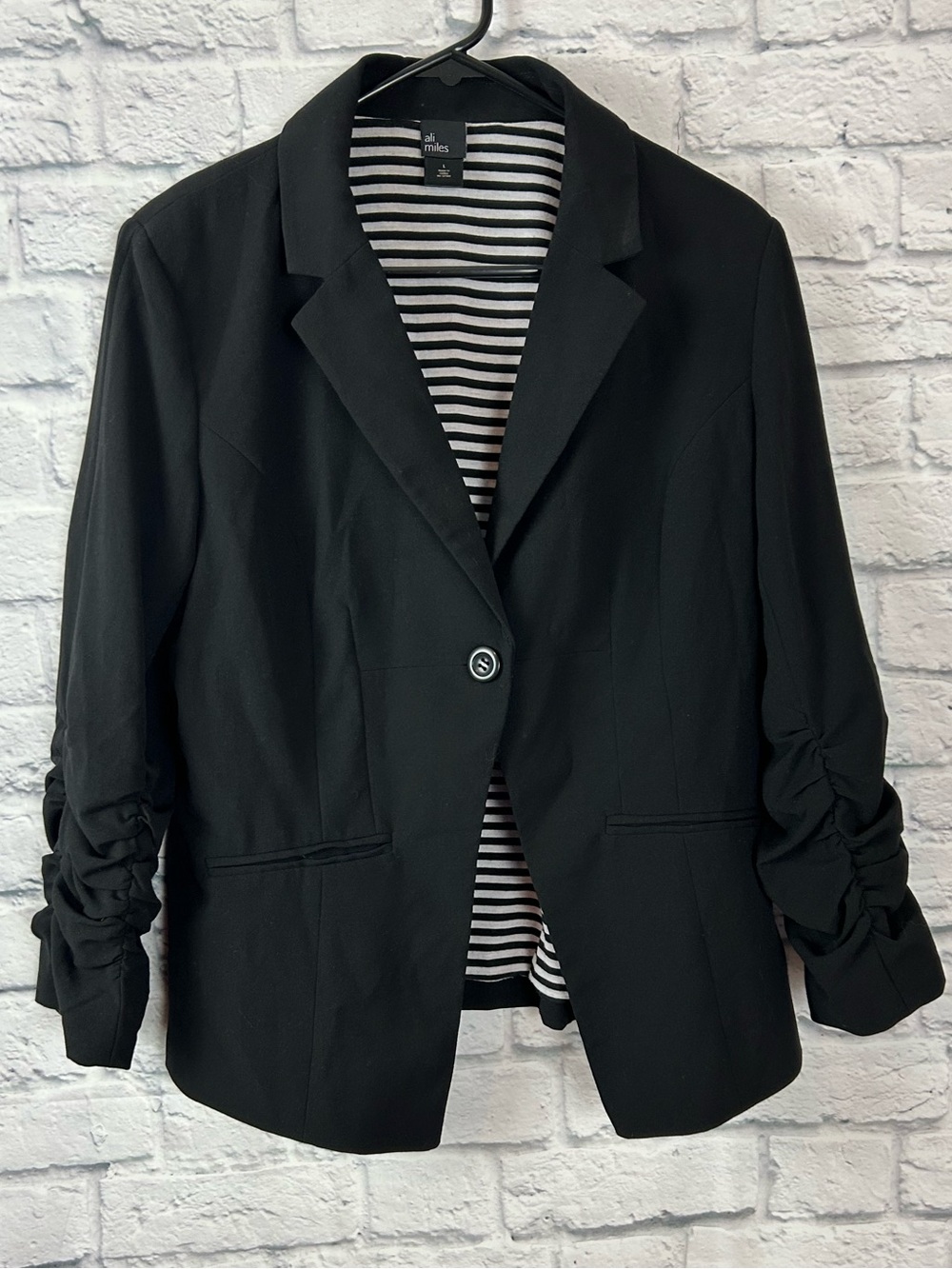 Ali Miles Women’s Large Black Ruched Sleeve Blazer Striped Lining Stretch